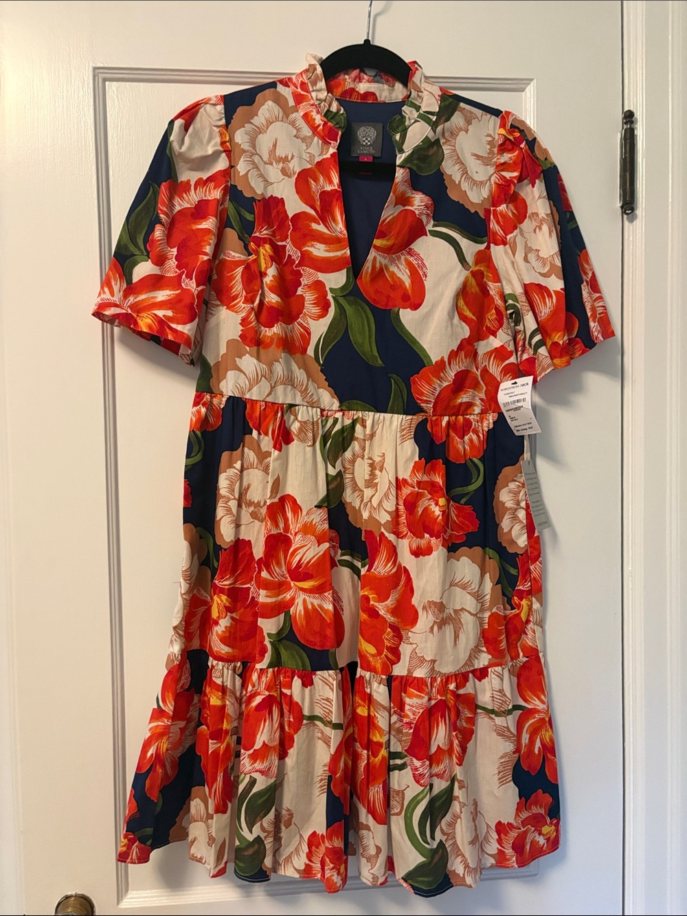 Vince Camuto Navy, Orange & Cream Floral Tiered Dress